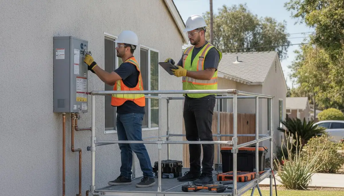 Los Angeles, CA plumbing repair team servicing a home pipe leak for fast local plumbing solutions