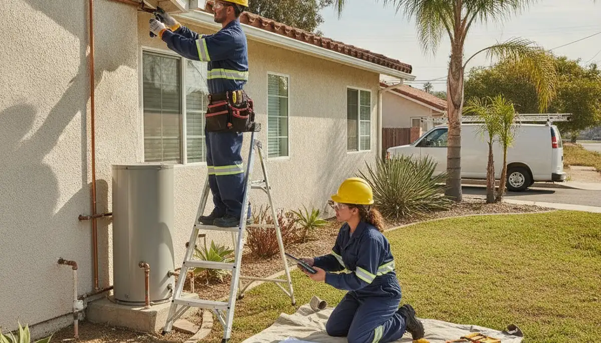 Los Angeles plumber repairing a sink pipe in a home plumbing service call