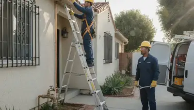 Los Angeles plumber repairing a leak with professional plumbing tools and service van