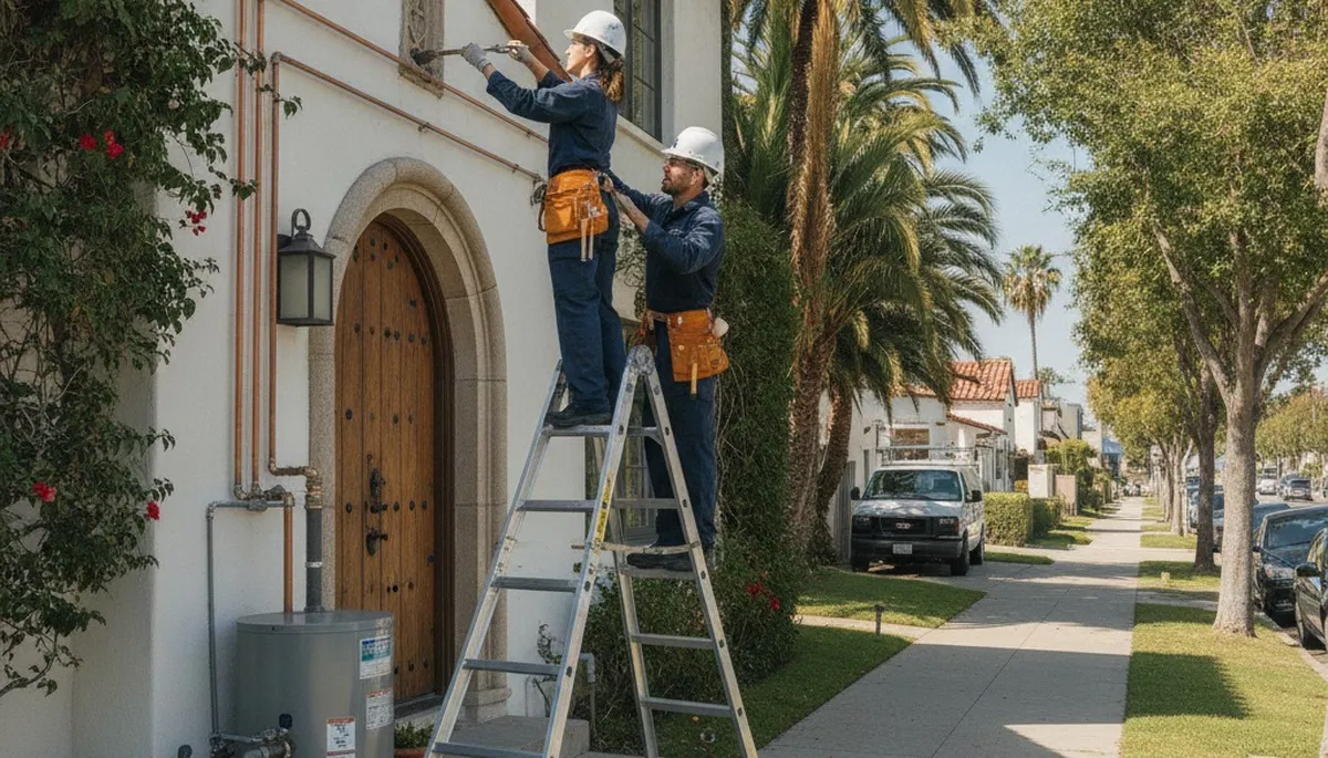 Los Angeles, CA plumbing repair team servicing a residential pipe leak for fast emergency repairs