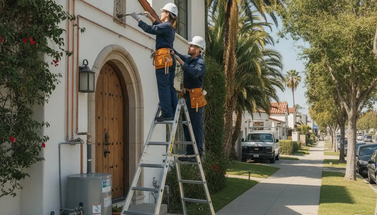 Los Angeles, CA plumbing repair team servicing a residential pipe leak for fast emergency repairs