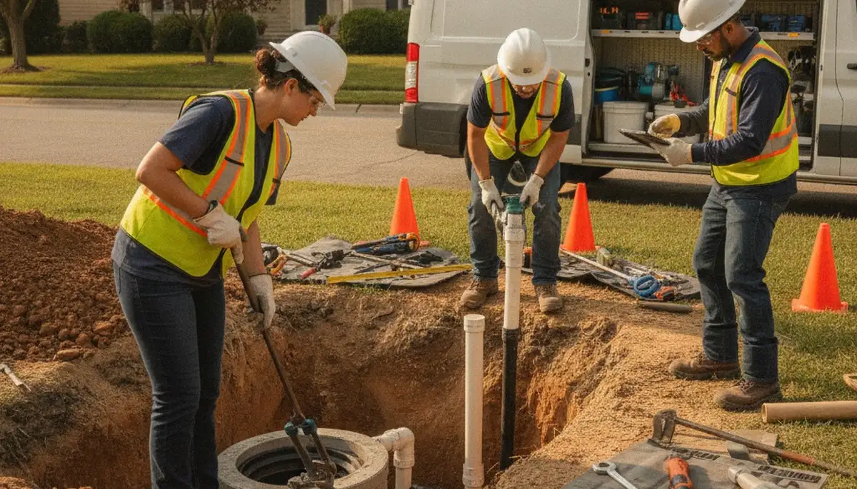 Los Angeles, CA plumber inspecting septic repair for a residential drainage system