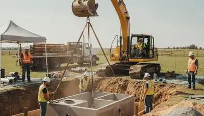 Septic tank installation crew working in Los Angeles, CA for residential plumbing service
